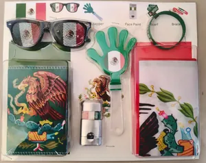 Mexico football fan kit with green clap, glasses, face paint, and themed scarf accessories
