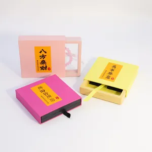 Detail of drawer-style PE film floating jewelry boxes in pink, yellow and rose colors