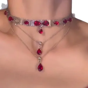 Gothic choker set with red crystal drops and layered silver chains for women
