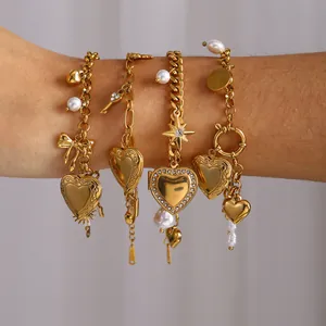 Bracciale Vintage in Acciaio Inossidabile Placcato Oro Con Medaglione a Cuore per Donna Eleganti Ciondoli Künstliche Perle Strass Gioielli