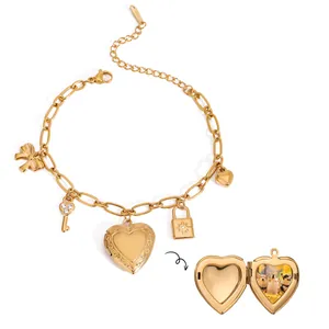 Bracciale a catena in oro con medaglione a cuore e ciondoli in acciaio inossidabile