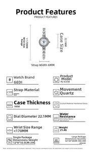 Technical specs of GEDI quartz watch featuring 22.1mm rhinestone bezel and silver steel strap