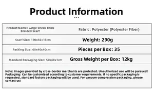 Specifications chart for polyester winter scarf showing dimensions 190x50cm and 290g weight