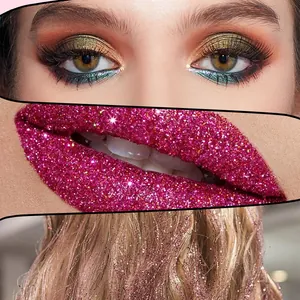 Detailed close-up showing sparkling chunky glitter applied to eyes, lips, and hair