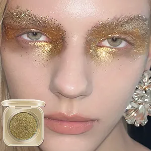 Nahaufnahme von funkelndem goldenem Glitzer-Lidschatten für ein Bühnen-Make-up-Look.