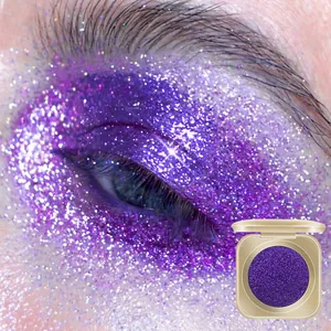Detaillierte Makroansicht von lebhaftem lila Glitzer-Lidschatten mit Produktpalette