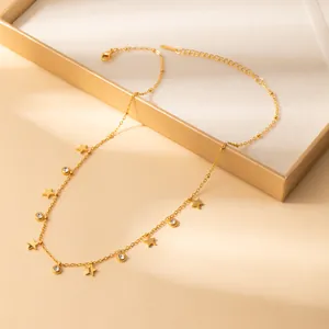 Gold stainless steel star and zircon pendant necklace with geometric petal design