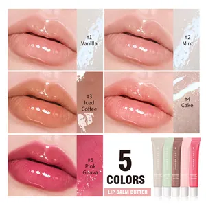 Set of five moisturizing tinted lip balms in tubes showing swatches and glossy texture
