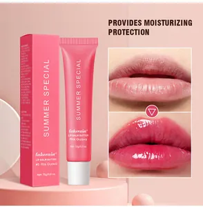 Detailed macro of moisturizing pink guava lip balm tube and hydrated lip texture effect