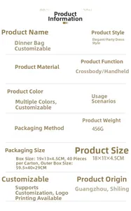 Detailed product specifications for acrylic evening clutch showing dimensions and weight
