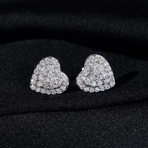 Boucles d'oreilles cœur en argent 925 moissanite VVS pour femme avec diamant complet