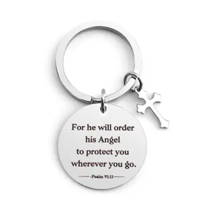 Polished stainless steel Psalm 91:11 keychain with a cross charm on a white background