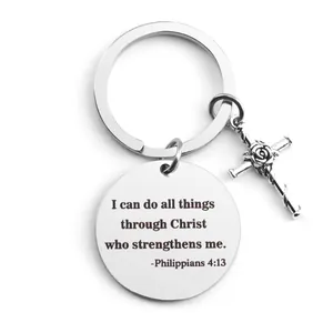 Polished stainless steel keychain with engraved scripture, cross and rose pendant