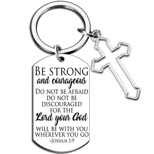 Polished stainless steel keychain with Joshua 1:9 bible verse and hollow cross charm
