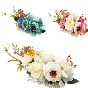 Bohemian bridal flower hair comb set with realistic fabric petals for beach weddings