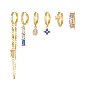 Luxury S925 silver chain tassel earring set with colorful zircon stones in gold finish