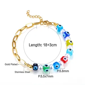 Detailed specs of gold plated stainless steel evil eye and pearl bead bracelet