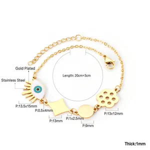 Detail view of gold-plated stainless steel evil eye bracelet with size and material specifications