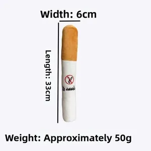 Detail showing plush squeaky cigarette dog toy dimensions 33cm by 6cm with no smoking logo