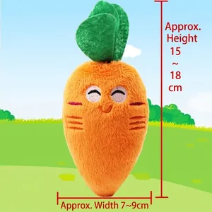 Plush squeaky carrot dog toy with embroidered smile face, size 15-18cm height