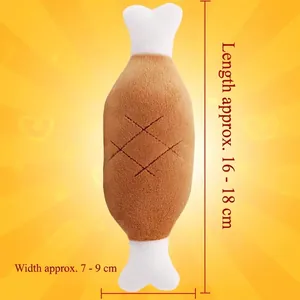 Detail showing plush chicken leg dog toy dimensions with soft textured fabric
