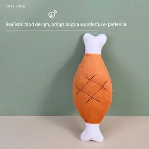 Plush squeaky drumstick dog toy with durable orange mesh fabric and white bone detail
