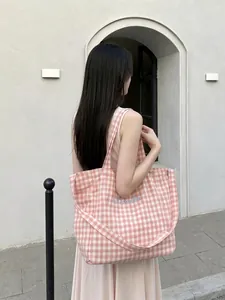 Pink and white checkered canvas tote bag with Shakka embroidery for women outdoors