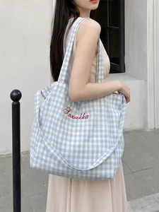 Blue and white plaid tote bag with Soxakka embroidery for casual students daily look