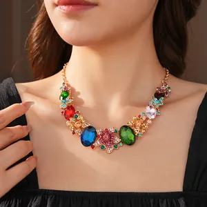 Elegant floral necklace with colorful gemstones and crystal tassels for evening dresses