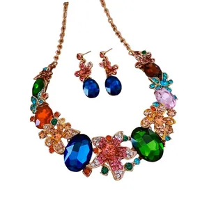 Luxury rose gold flower necklace and earring set with colorful crystal gemstones