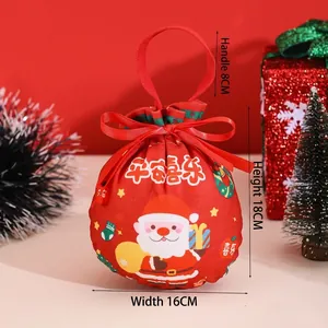 Detail view of red Christmas drawstring gift bag with Santa Claus motif and dimensions