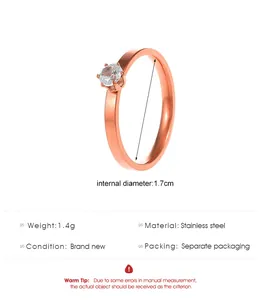 Detail showing 1.4g stainless steel rose gold ring with 1.7cm inner diameter and zircon