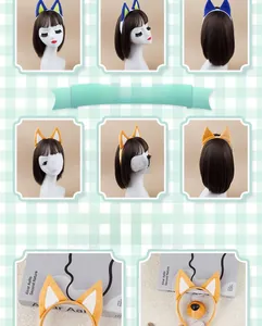 Detailed views of plush blue puppy ears headband set on a display model for cosplay
