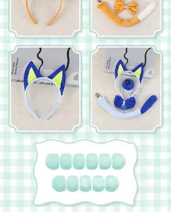 Detailed view of blue plush dog ear headband with matching bow tie and tail accessories