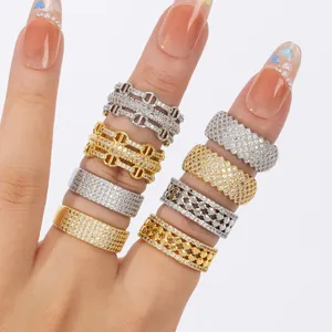 Minimalist 18K Gold Plated Copper Open Ring With Cubic Zirconia Geometric Adjustable Jewelry For Women