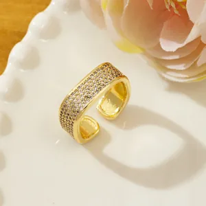 Macro shot of gold-plated ring featuring pave set micro-zirconia in rectangular top