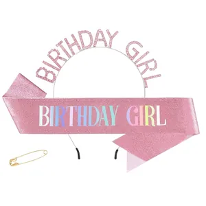Birthday Girl Queen Rhinestone Alloy Tiara Headband And Glitter Sash Set For Women Girls Party Celebration Decor