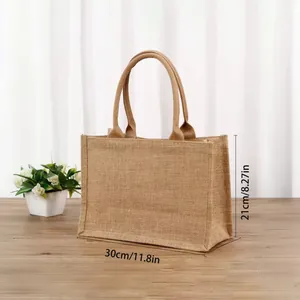 Linen canvas tote bag dimensions showing 30cm length and 21cm height on wooden table