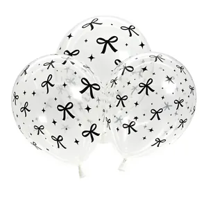 Three clear latex balloons with black bow and star prints for elegant party decorations