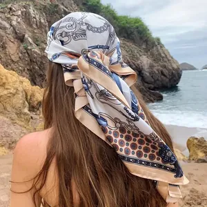 Damen Vintage Ketten Print Satin Vierecktuch Retro Reitsport Muster Seidengefühl Kopftuch Bandana Für Strandurlaub
