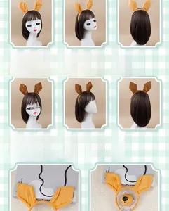 Detailed view of dark brown plush kangaroo ears headband and elastic animal nose set