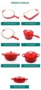 Collection of red enamel cast iron cookware including pans, pots and dutch ovens
