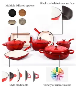 Macro detail of red enameled cast iron cookware set with custom lids and interior finishes
