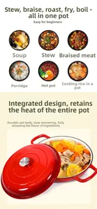 Detailed view of red enameled cast iron pot showcasing versatile cooking functions