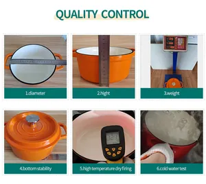 Quality testing of orange cast iron enamel pot showing heat and thermal shock resistance