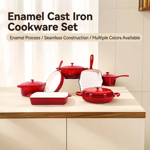 Red enamel cast iron cookware set including dutch oven and skillet on kitchen counter
