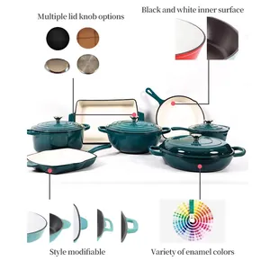 Dark green enameled cast iron cookware set with Dutch ovens and pans on white background