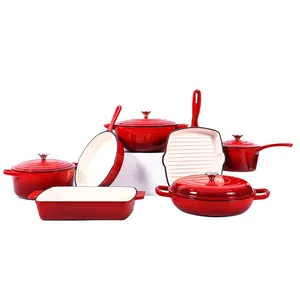 7-piece red gradient cast iron enamel cookware set with pots and frying pans