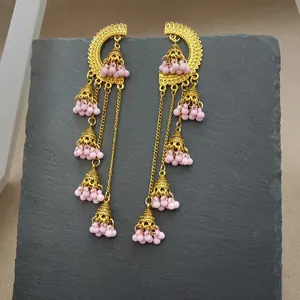 Vintage Indian style golden hollow bell Jhumka drop earrings with pink beads
