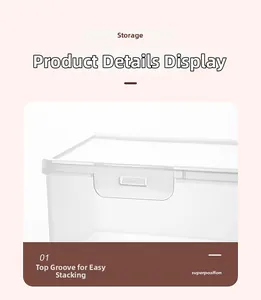 Close-up of clear plastic storage box with top groove design for stable stacking